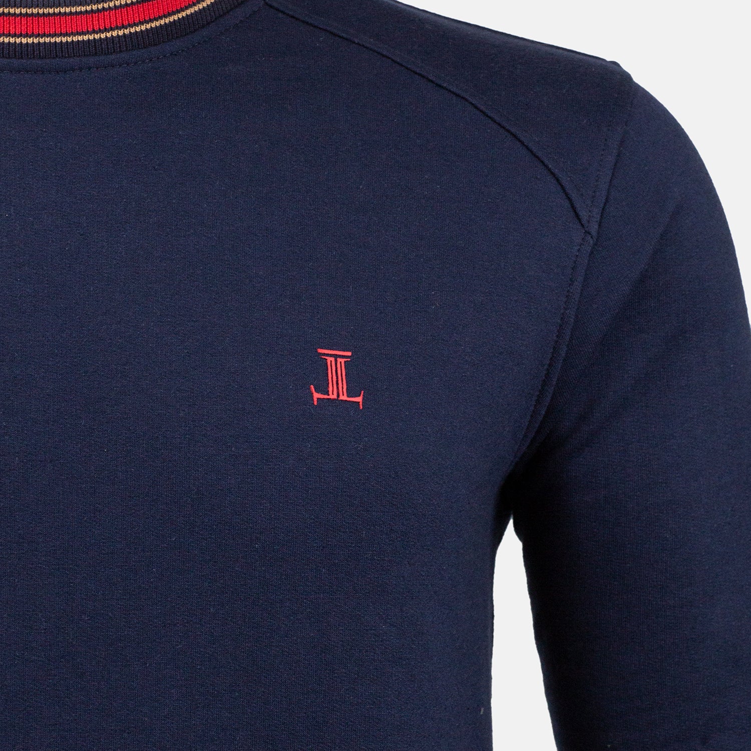 Mens winter sweatshirt in dark blue colour with red sriped collar and cuffs by JULKE. 