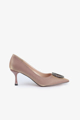 Heels for women in light gold with floral buckle by JULKE