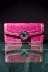 Womens shoulder clutch bag in pink leather with diamante flower by JULKE