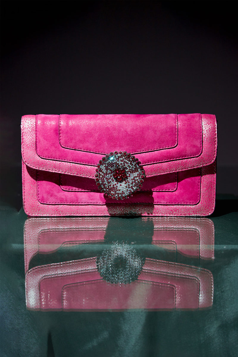 Womens shoulder clutch bag in pink leather with diamante flower by JULKE