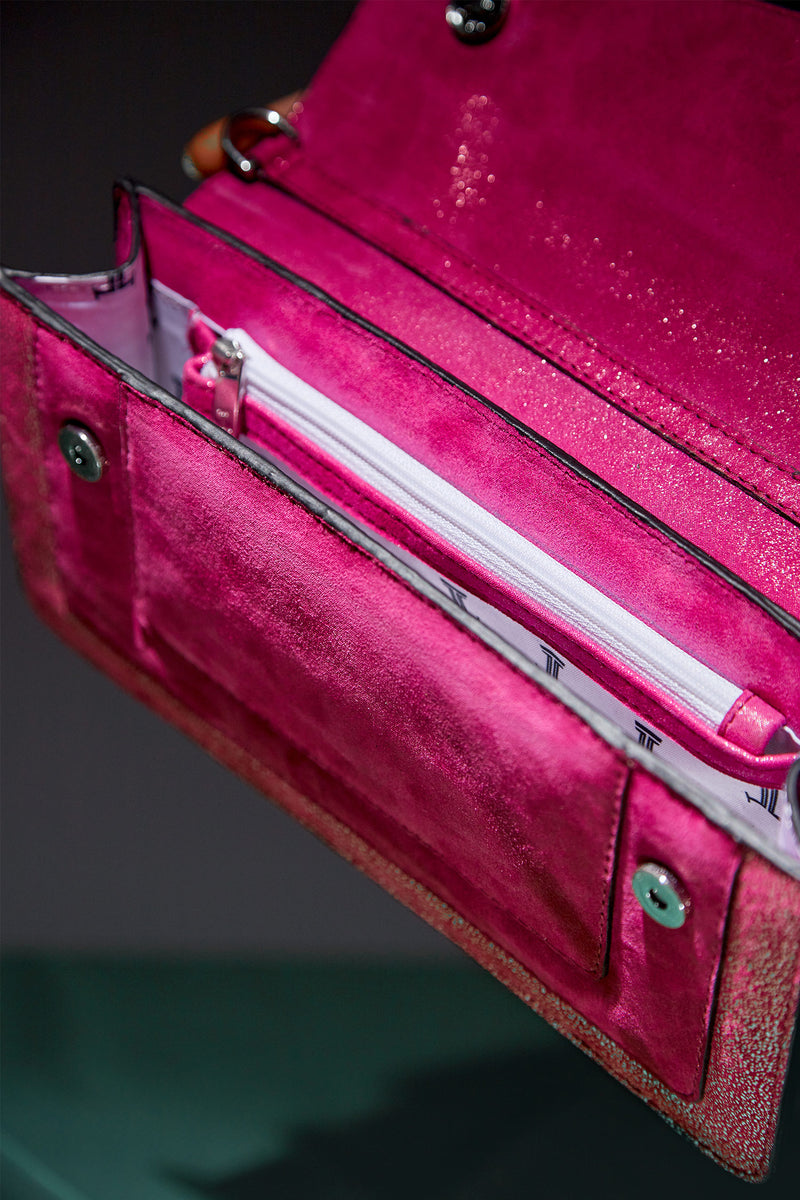 Womens shoulder clutch bag in pink leather with diamante flower by JULKE