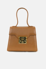 Womens statement leather hand bag in brown colour with gold lock by JULKE