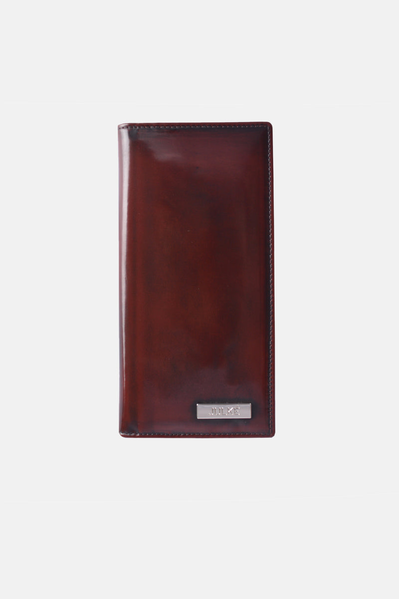 Mens original leather long wallet in burgundy colour with glossy two-tone finish by JULKE 