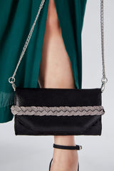 Womens shoulder clutch bag in black leather with diamante strap by JULKE