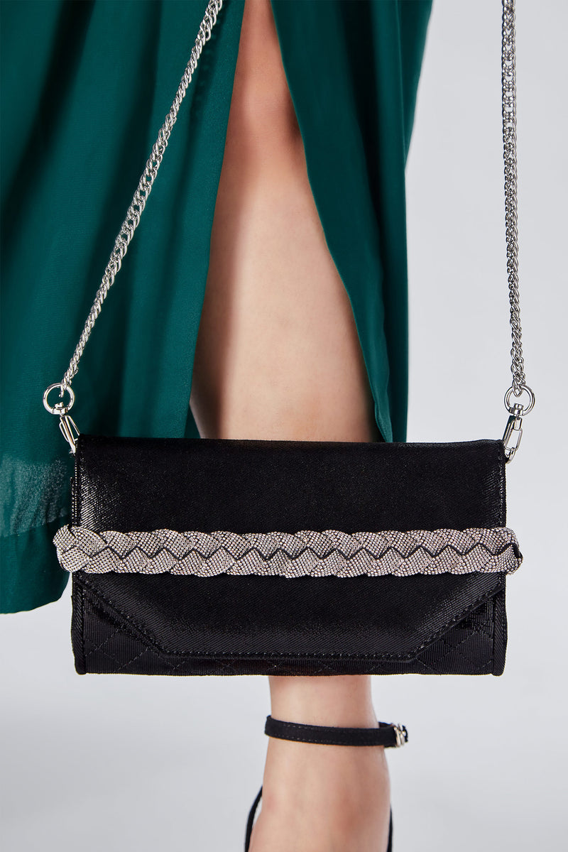 Womens shoulder clutch bag in black leather with diamante strap by JULKE