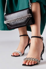 Womens shoulder clutch bag in black leather with diamante strap and matching shoes by JULKE
