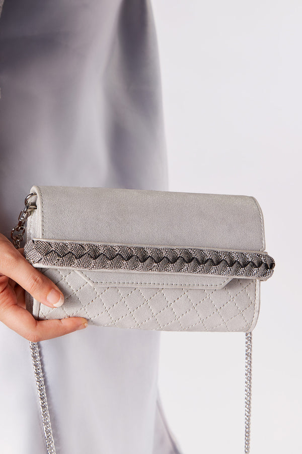 Womens clutch bag in silver leather with diamante strap by JULKE