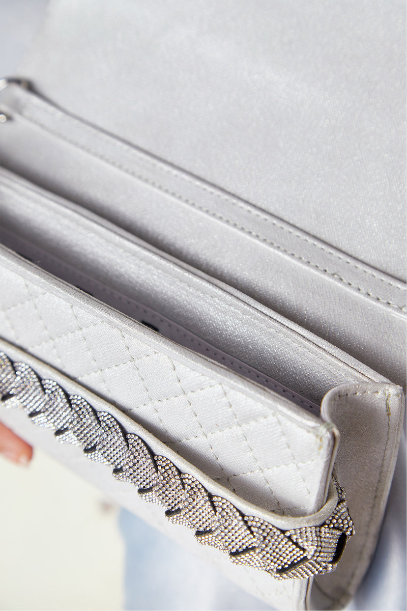 Womens clutch bag in silver leather with diamante strap by JULKE