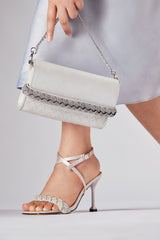 Womens clutch bag in silver leather with diamante strap with matching shoes by JULKE