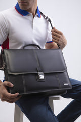 Leather laptop messenger bag in black colour by JULKE
