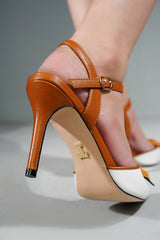 Women heels in mustard & white colour with floral brooch by JULKE