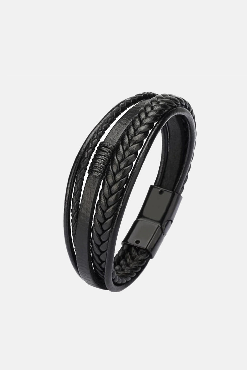 Braided multi layer leather wristband for men in black with magnetic closure by JULKE