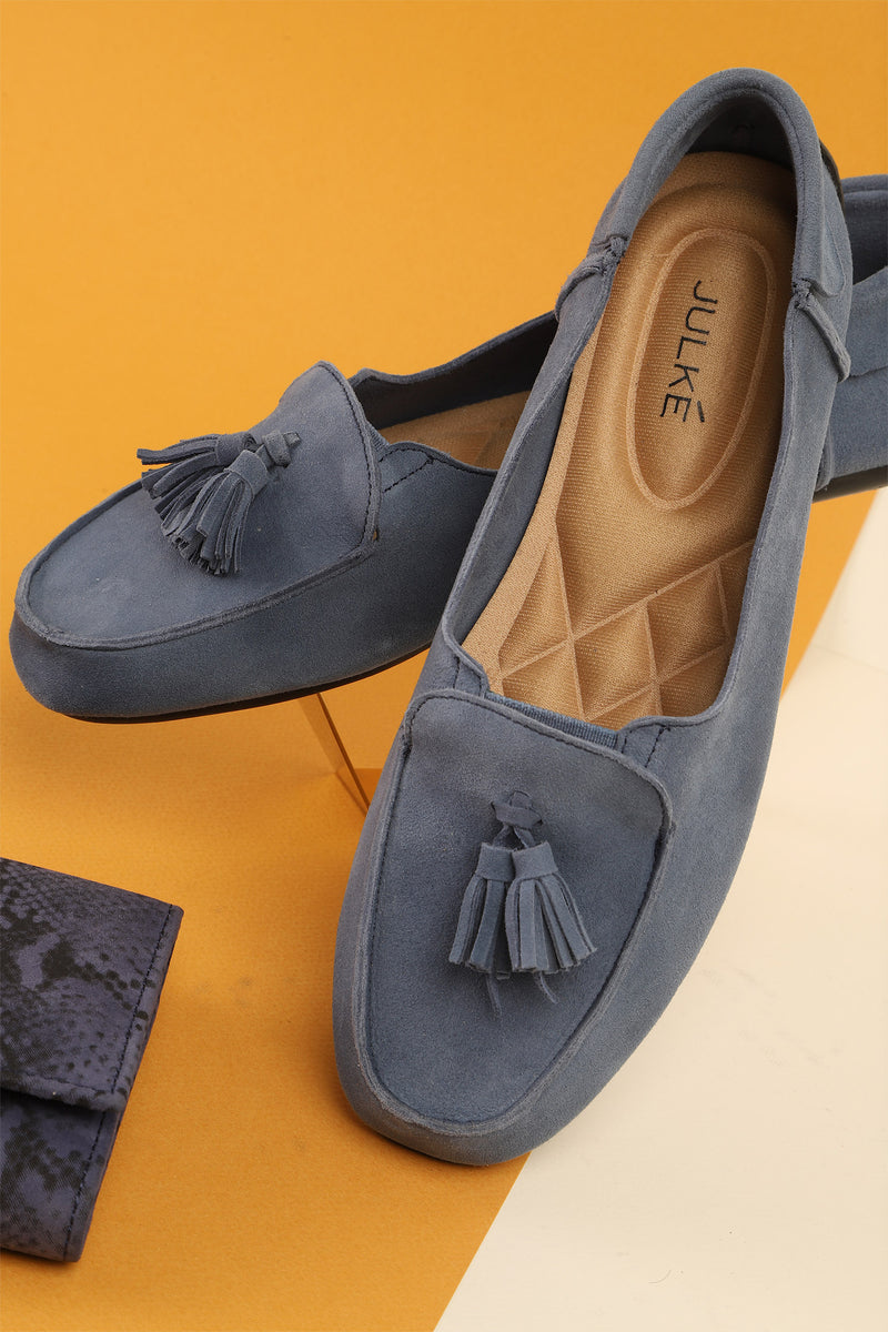 Womens winter moccasins in light blue with tassels by JULKE
