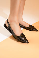Womens pointed toe flat shoes with slingback in black and gold colour by JULKE