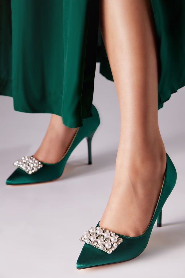 Women satin heels in green colour with pearl buckle by JULKE
