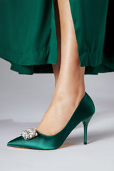 Women satin heels in green colour with pearl buckle by JULKE