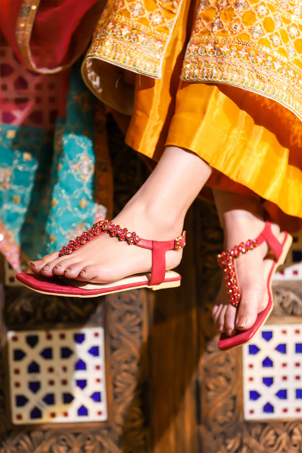 Women leather summer flats with diamantes and thong design in red colour by JULKE