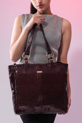 Womens original leather tote bag in dark burgundy colour in croc texture by JULKE