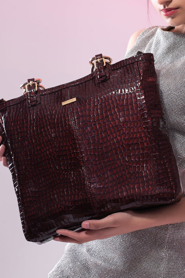 Womens original leather tote bag in dark burgundy colour in croc texture by JULKE