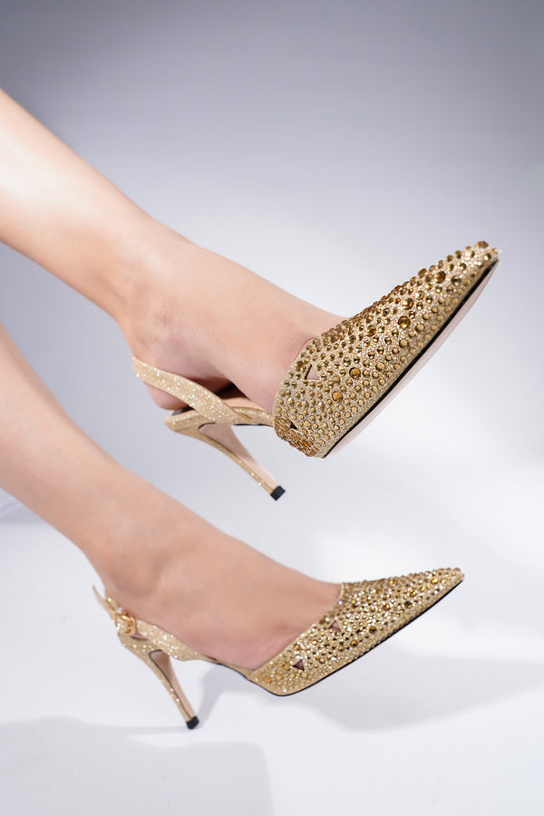 Women slingback heels in gold colour with diamantes by JULKE