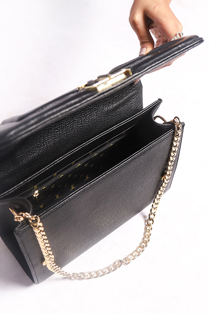 Womens leather shoulder bag with gold chain strap in black colour by JULKE