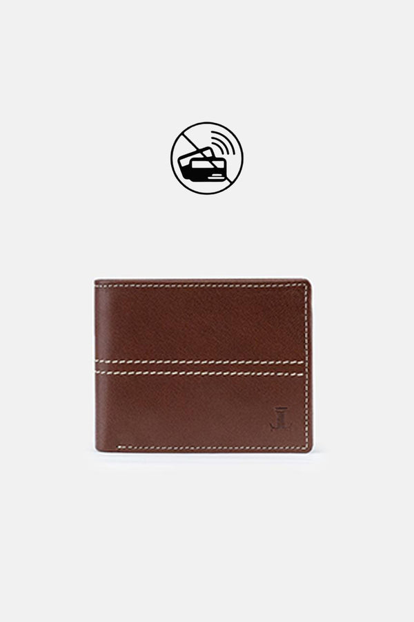 Mens bifold leather wallet in brown colour with white contrast stitching by JULKE.