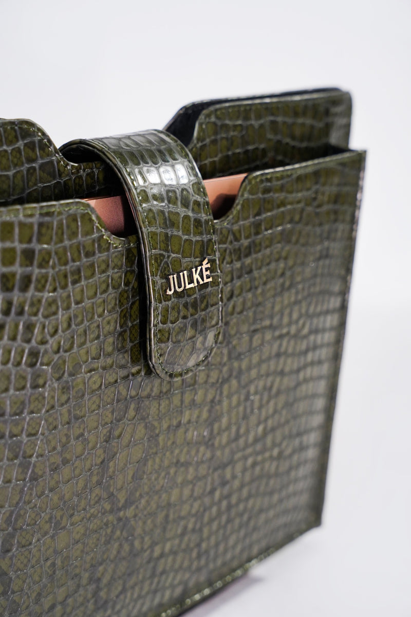 Leather laptop sleeve in green colour with crocodile texture by JULKE