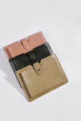 Leather laptop sleeve in green, light pink & beige colours with crocodile texture by JULKE