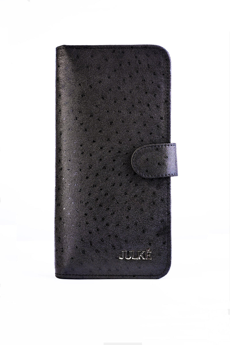 Womens original leather long wallet with ostrich texture in black colour by JULKE