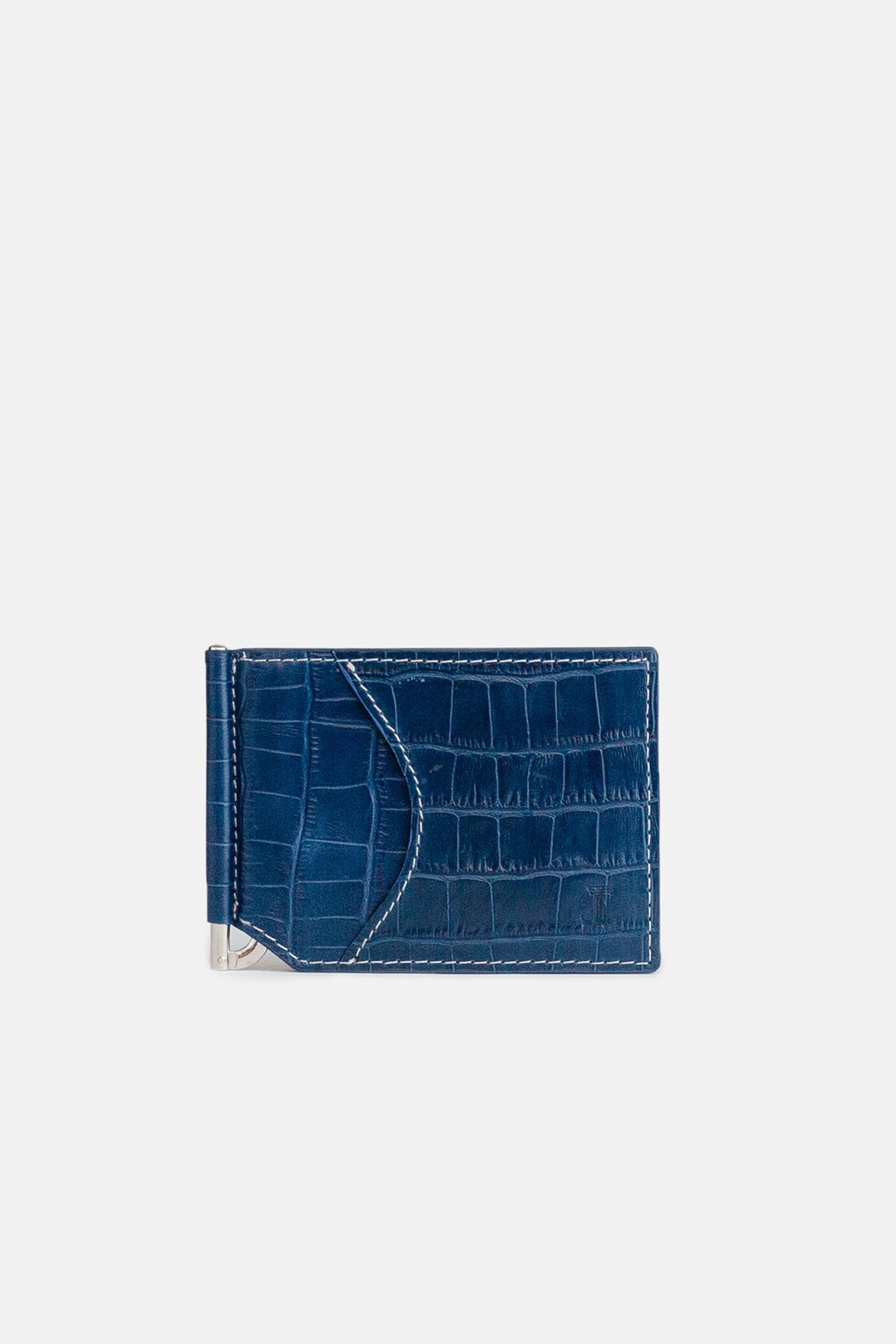 Mens original leather card holder & money clip with crocodile texture in blue colour by JULKE