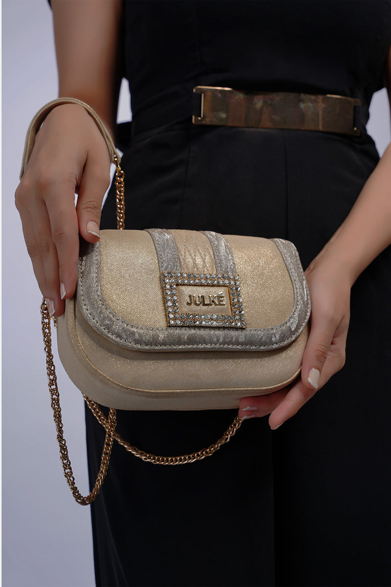 Womens leather bag in light gold colour with diamante buckle by JULKE