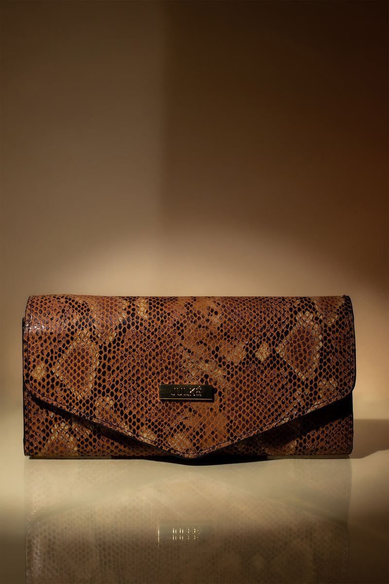 Womens original leather long wallet with reptile texture in light brown colour by JULKE