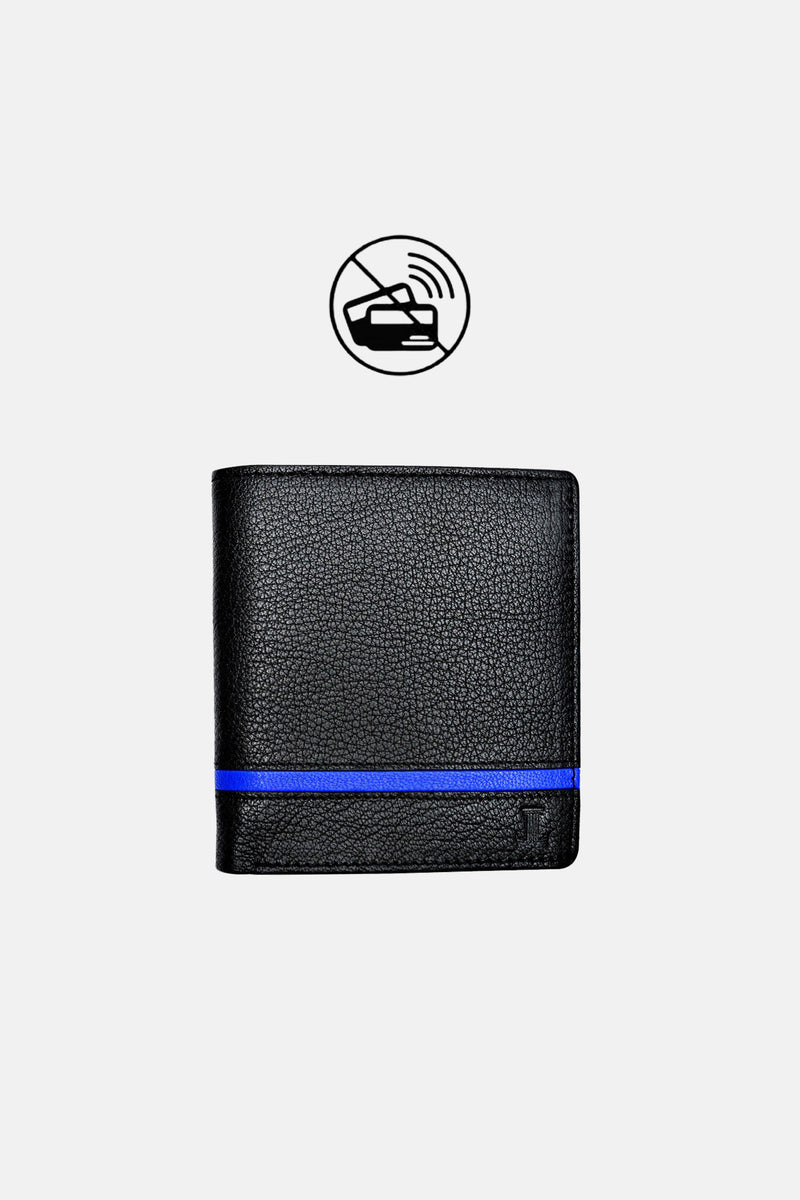 Mens original leather wallet in small size in black colour with blue strip by JULKE
