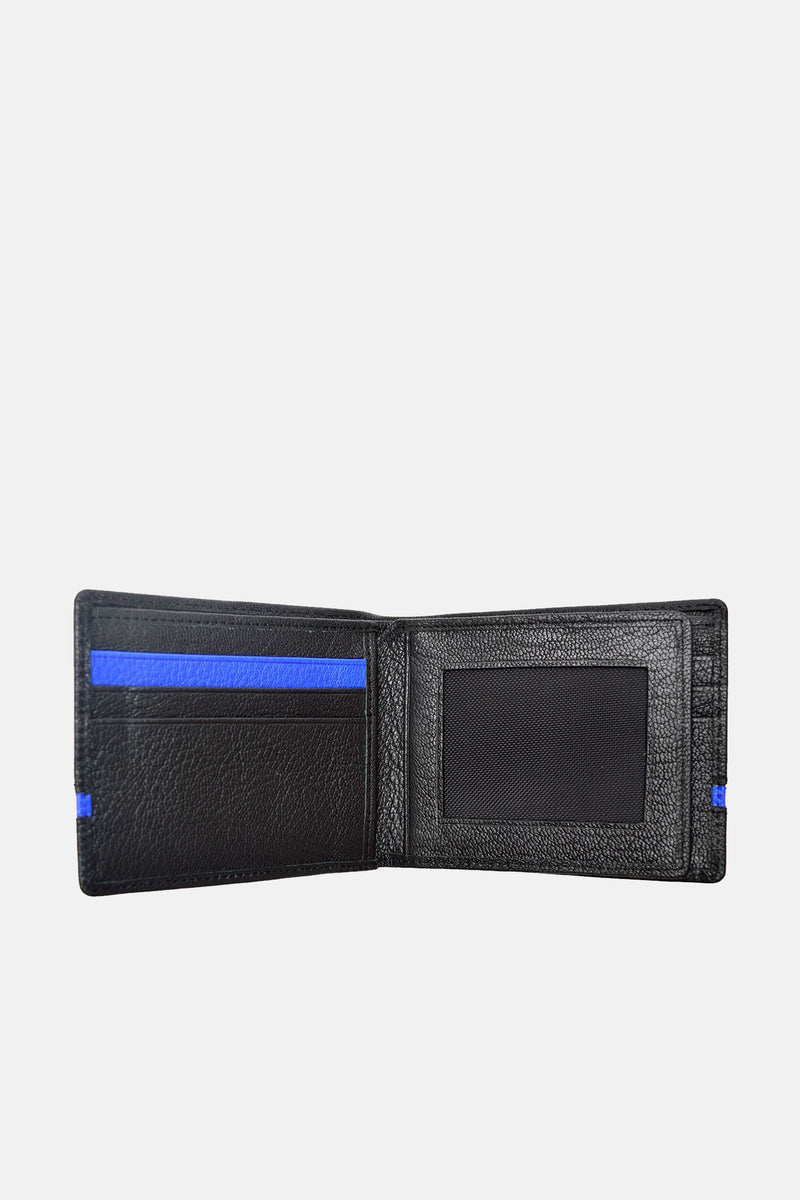 Mens original leather wallet in small size in black colour with blue strip by JULKE