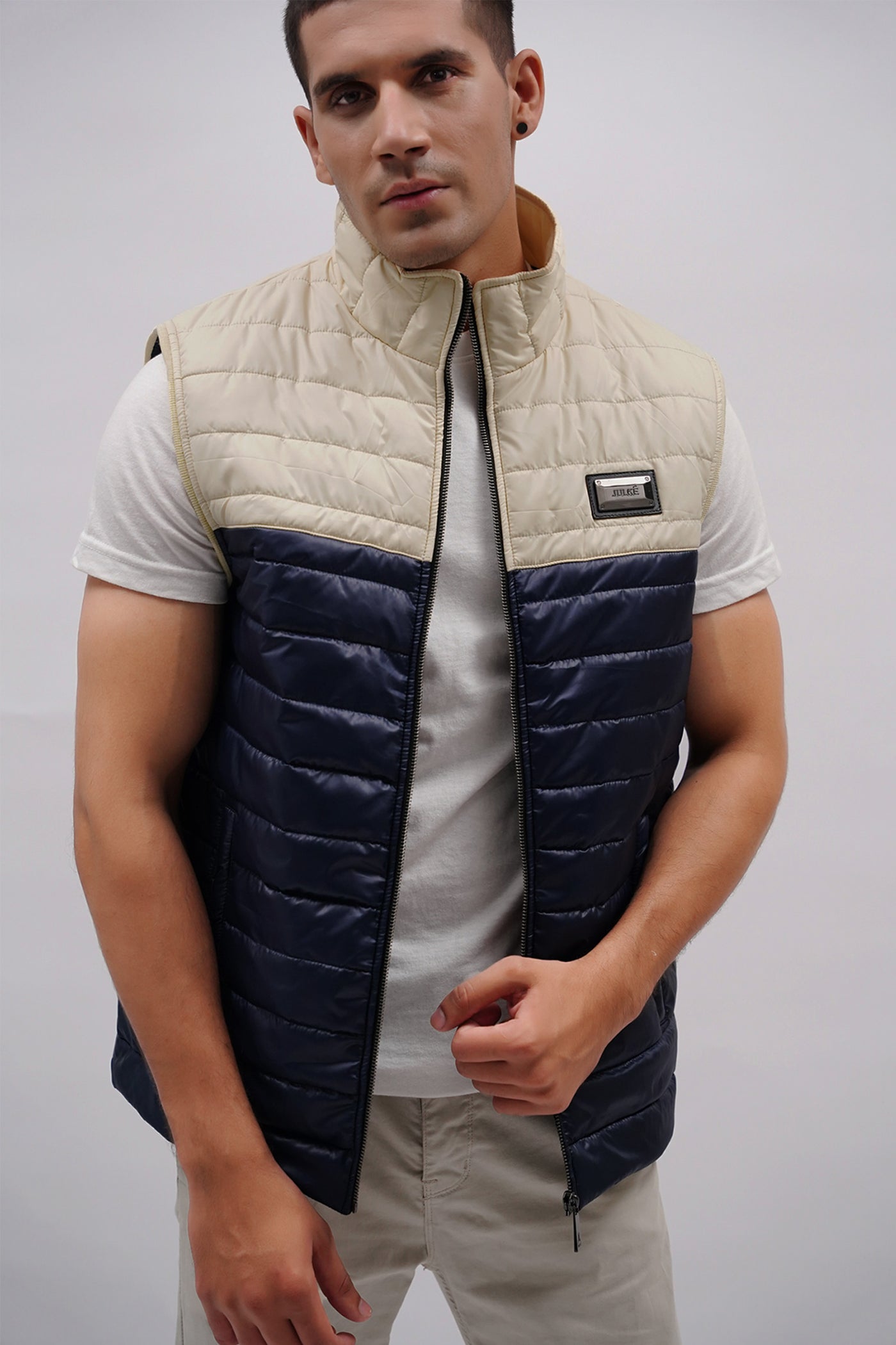 Tanner Mens Sleeveless Winter Vest In Off White Navy Blue JULKE JULKE