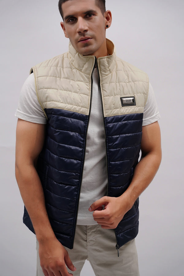 Mens winter puffer vest sleeveless in off white & navy blue colour with quilting by JULKE