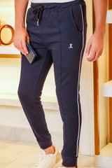Mens winter sweatpants joggers in navy blue with white piping by JULKE