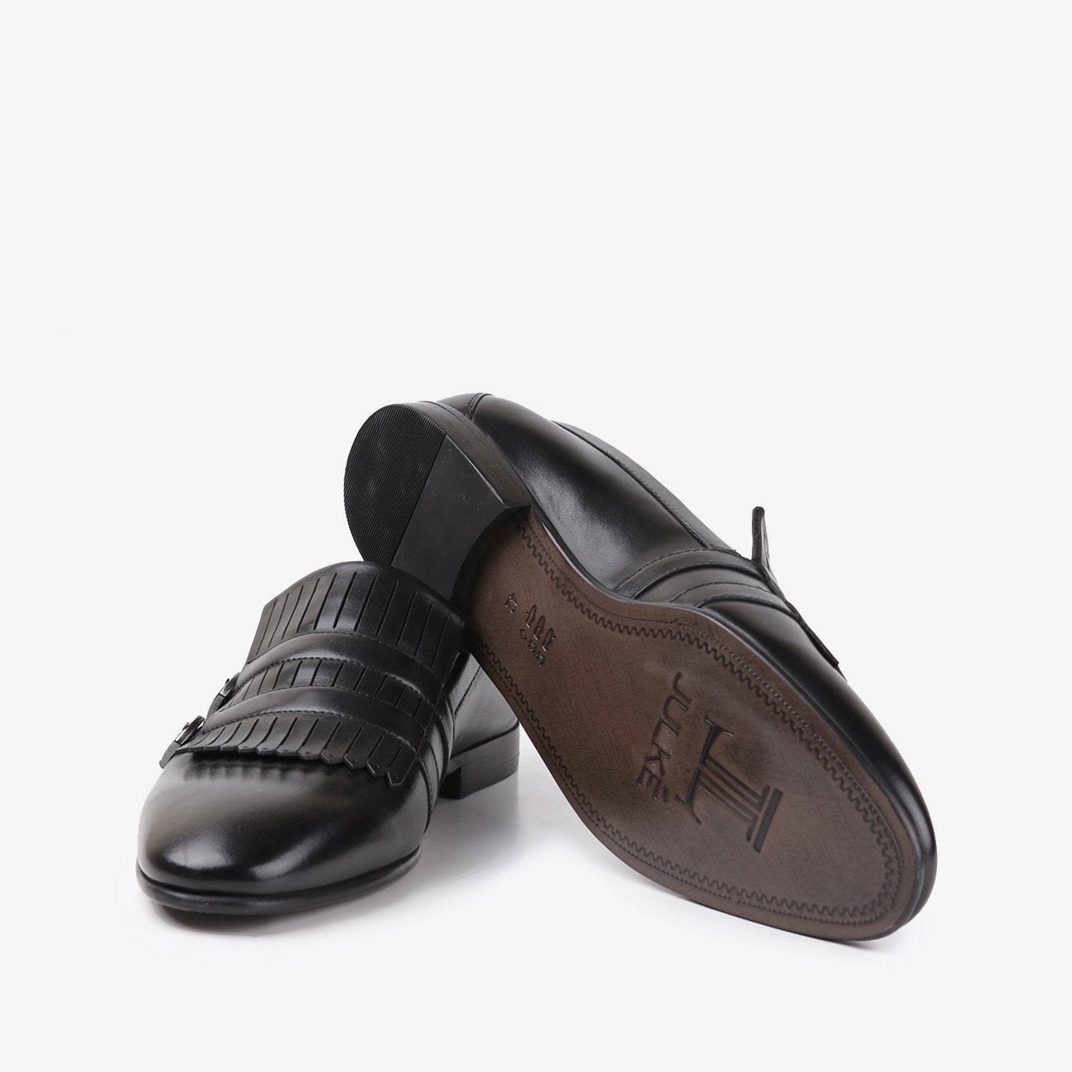 Mens two-tone leather shoes in black colour with double monk strap and laser cut fringe by JULKE. 