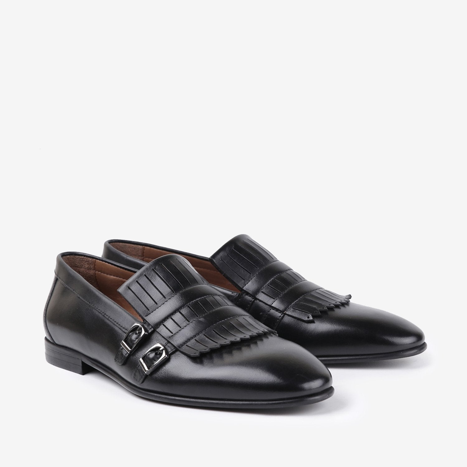 Mens two-tone leather shoes in black colour with double monk strap and laser cut fringe by JULKE. 