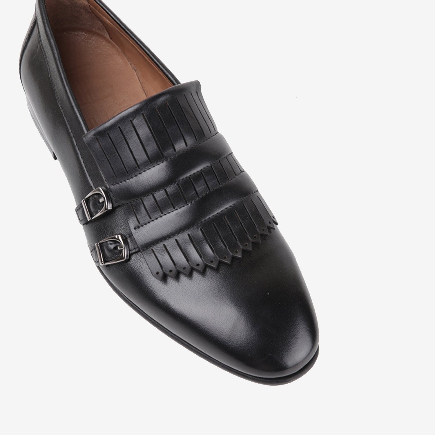 Mens two-tone leather shoes in black colour with double monk strap and laser cut fringe by JULKE. 