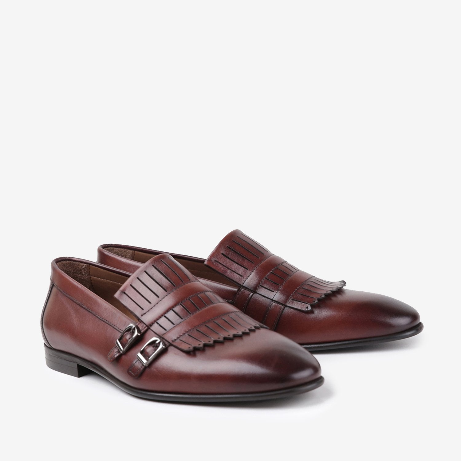 Mens two-tone leather shoes in rust brown colour with double monk strap and laser cut fringe by JULKE. 