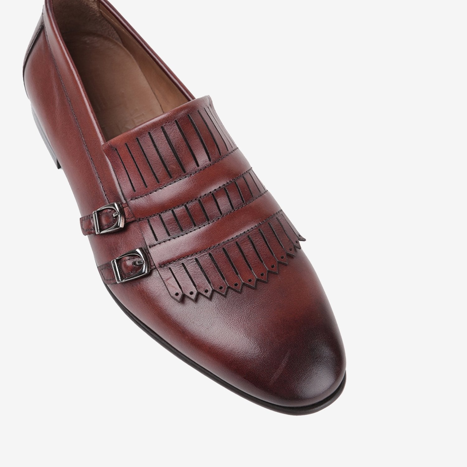 Mens two-tone leather shoes in rust brown colour with double monk strap and laser cut fringe by JULKE. 