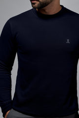 Men's winter sweatshirt in navy blue with polka dot elbow patch by JULKE