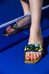 Women leather summer flats with transparent strap & neon yellow green colour chain by JULKE