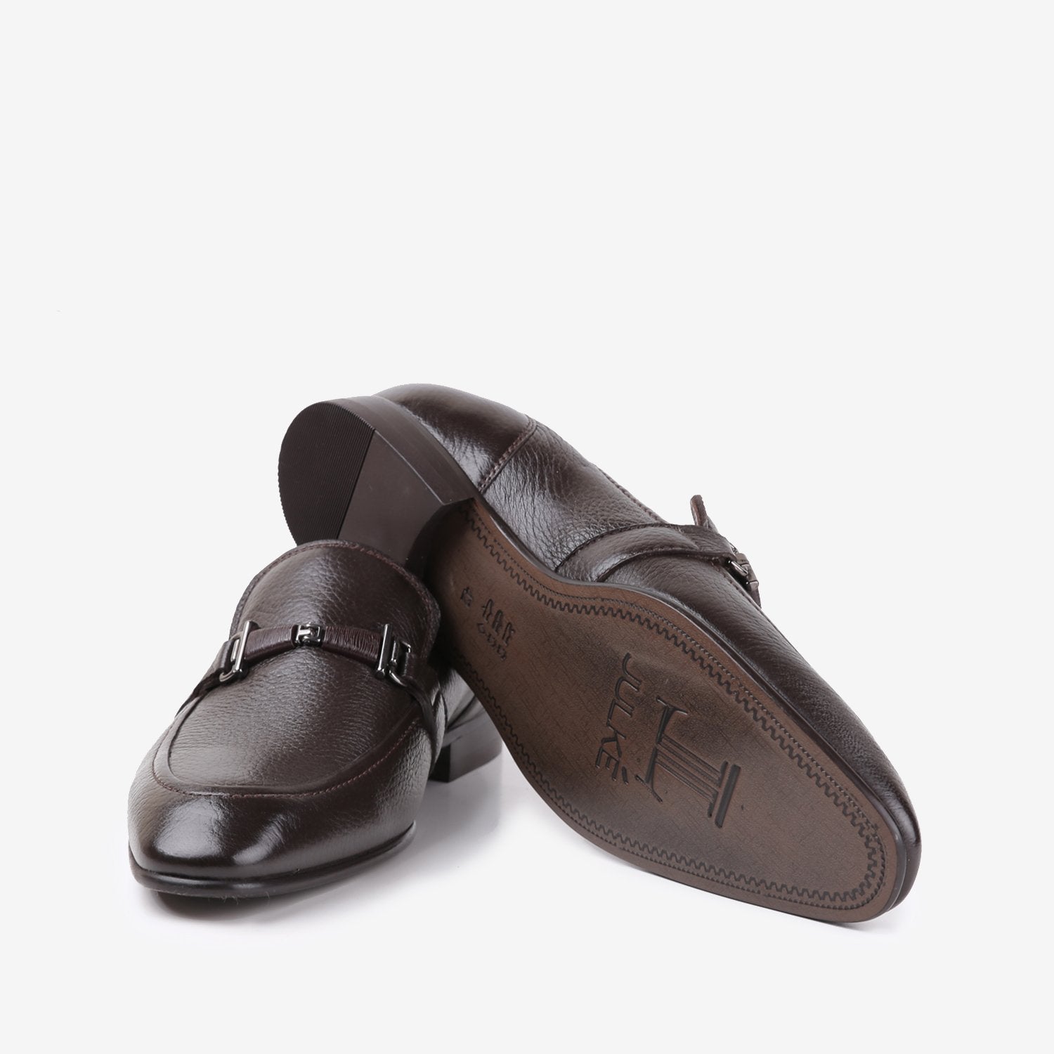 Mens original deerskin leather shoes in brown colour with silver buckle by JULKE. 