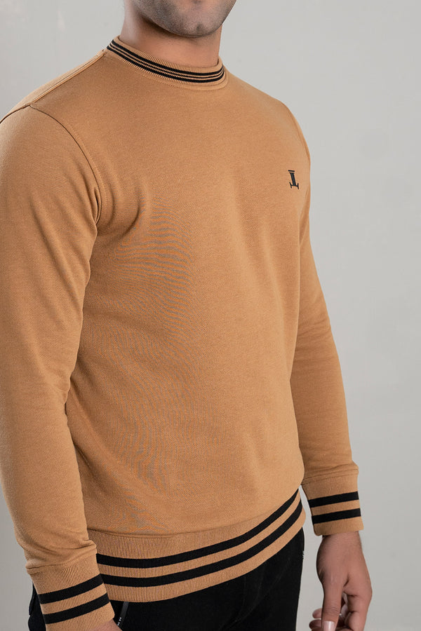 Mens winter fleece-lined sweatshirt in light brown colour with striped collar and cuffs by JULKE. 