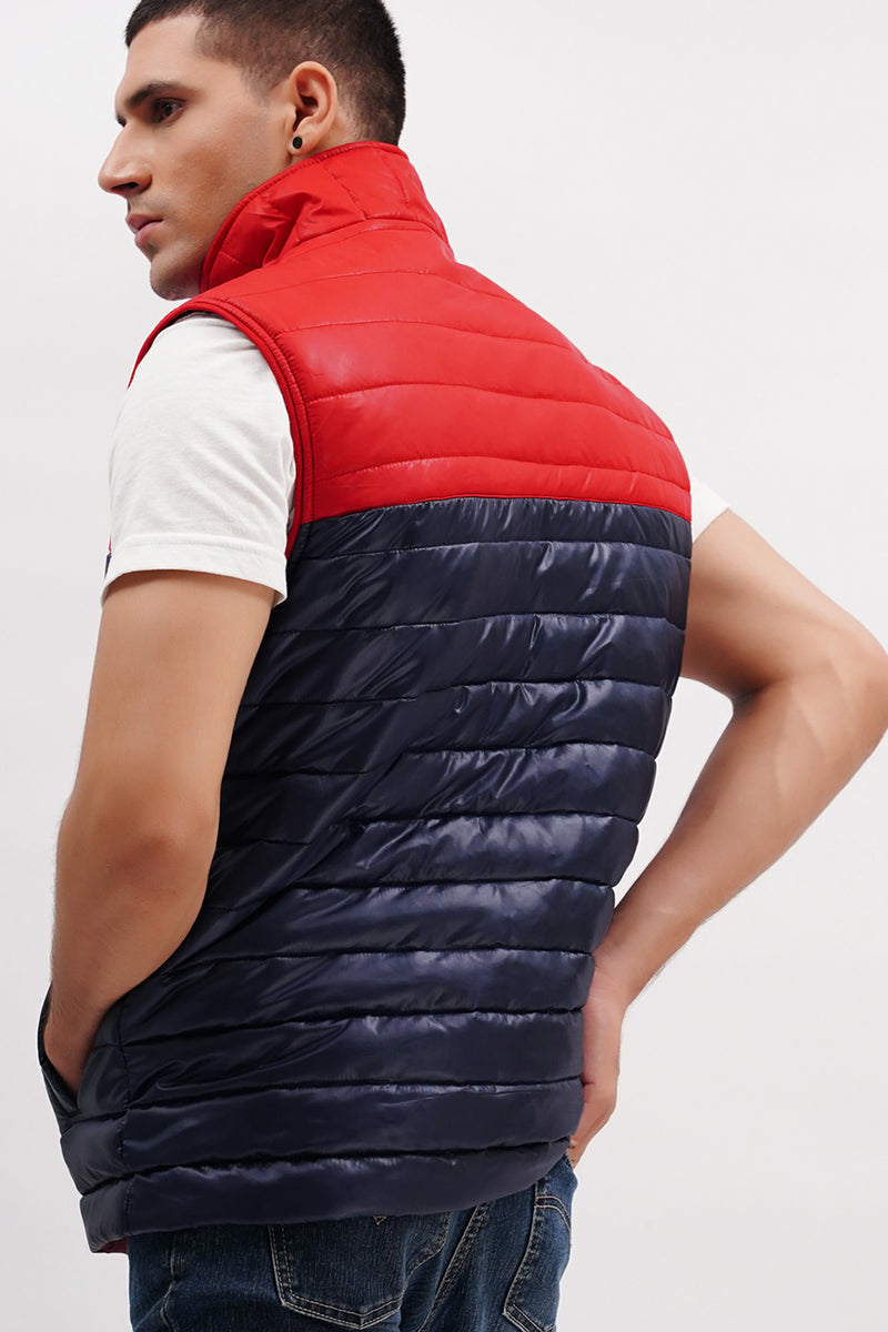 Mens winter puffer vest sleeveless in red & blue colour with quilting by JULKE