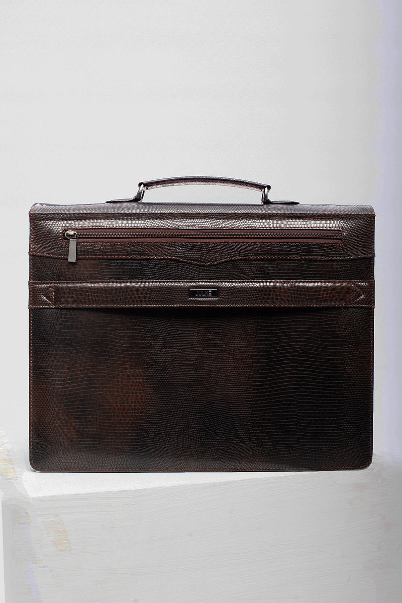 Original leather laptop briefcase bag wth reptile texture in dark brown colour by JULKE