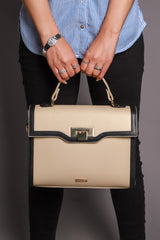 Womens leather bag with top handle and shoulder strap in beige & black colour by JULKE